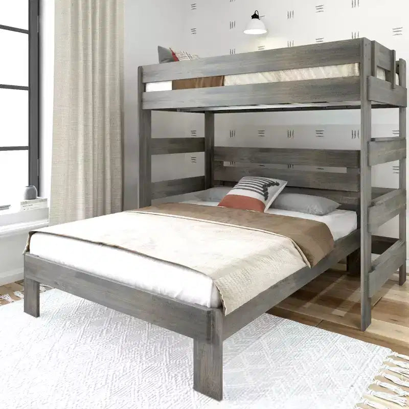 Lit superposé en L en bois massif style rustique, format double sur grand deux places, pour adultes