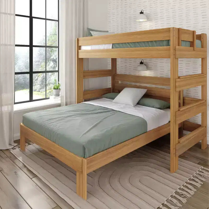 Lit superposé en L en bois massif style rustique, format double sur grand deux places, pour adultes
