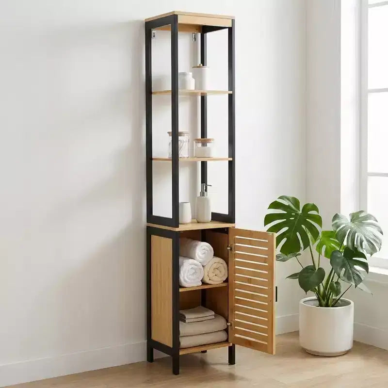 Tour de rangement en bambou et lin - Noir contemporain, 172,7 cm H
