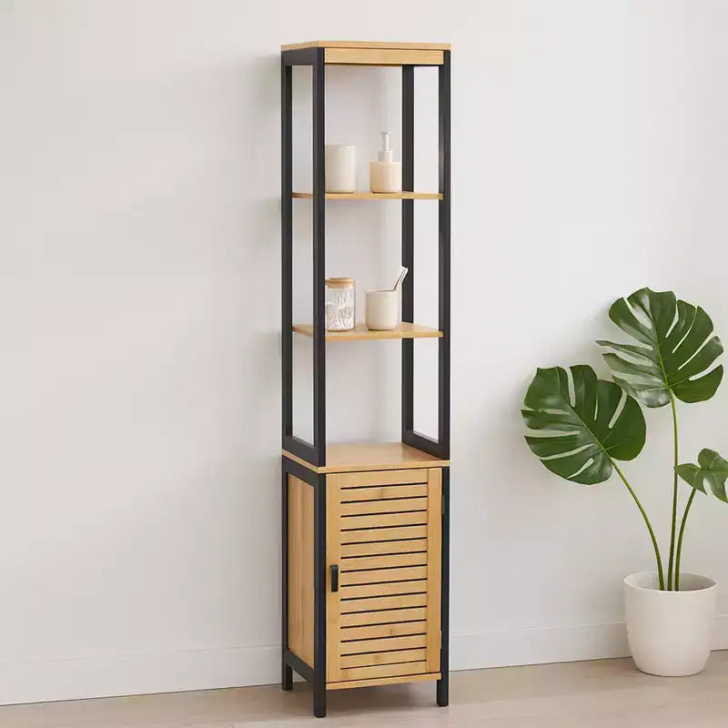Tour de rangement en bambou et lin - Noir contemporain, 172,7 cm H