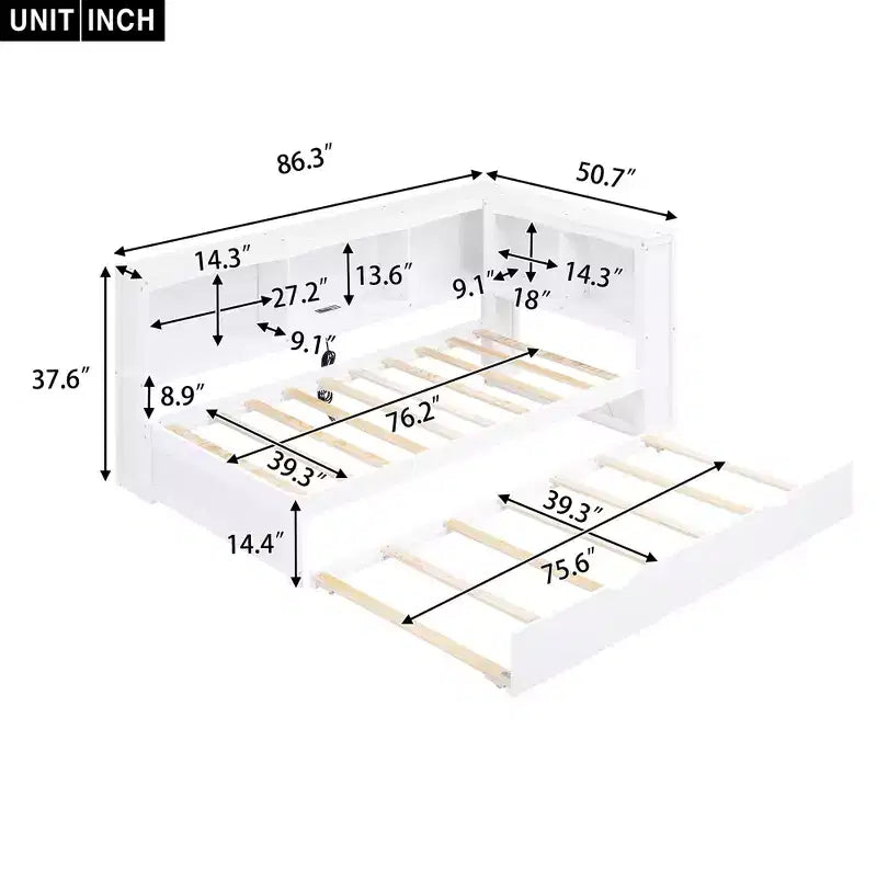Lit de repos simple avec lit gigogne ou 2 tiroirs, armoires de rangement et ports USB