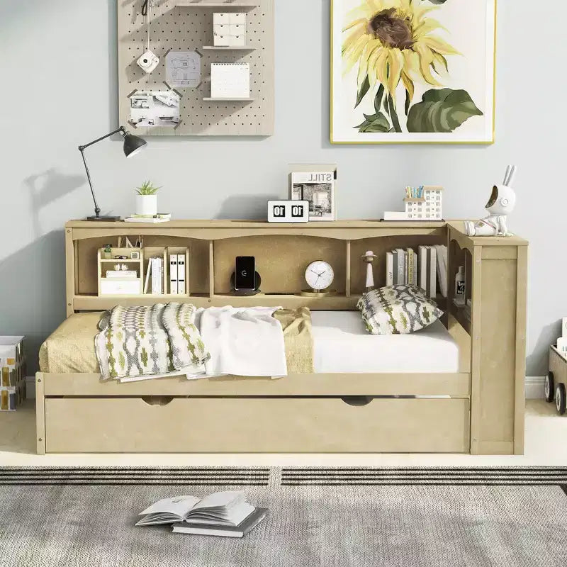 Lit de repos simple avec lit gigogne ou 2 tiroirs, armoires de rangement et ports USB