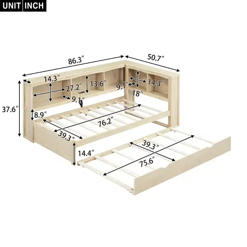 Lit de repos simple avec lit gigogne ou 2 tiroirs, armoires de rangement et ports USB